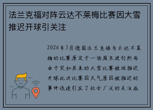 法兰克福对阵云达不莱梅比赛因大雪推迟开球引关注