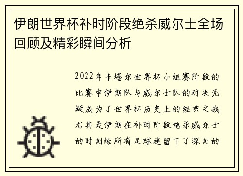 伊朗世界杯补时阶段绝杀威尔士全场回顾及精彩瞬间分析