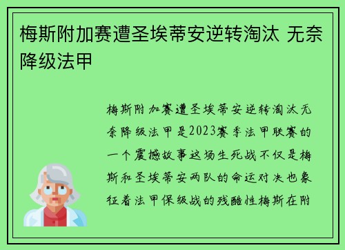 梅斯附加赛遭圣埃蒂安逆转淘汰 无奈降级法甲